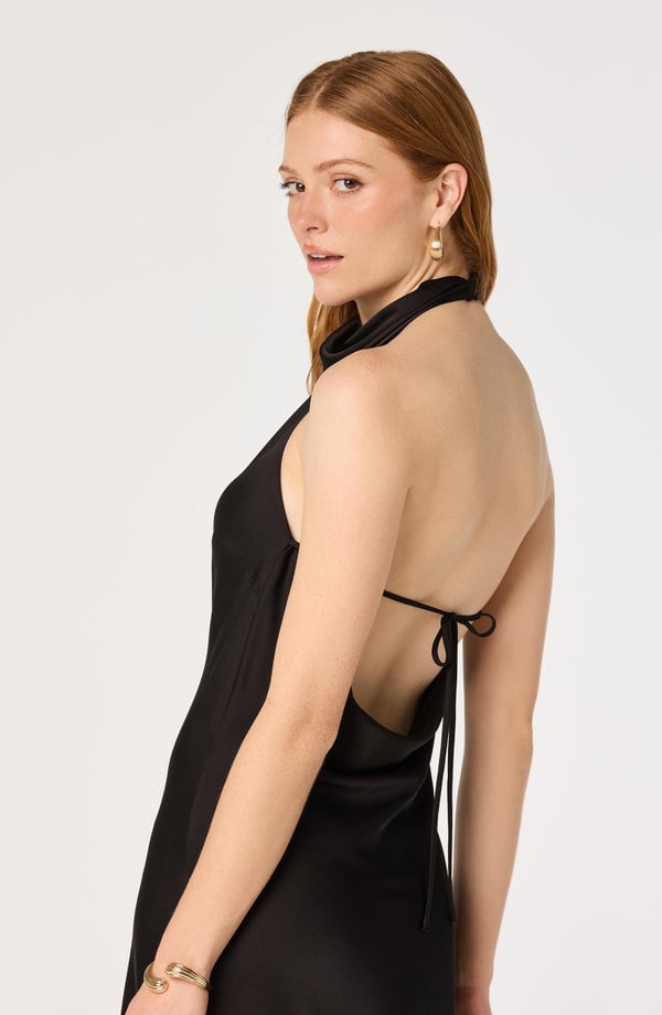 Black satin halter neck dress with open back tie Black satin halter neck dress with open back tie — Black Tie Dresses