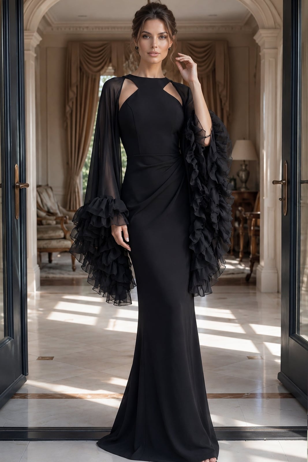 Black Mermaid Gown With Dramatic Cape Sleeves Black Mermaid Gown With Dramatic Cape Sleeves — Black Tie Outfits