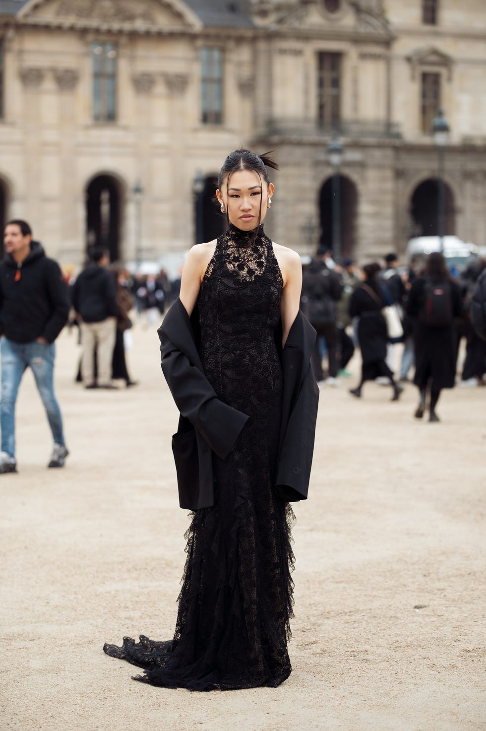 Black Lace Dress Under A Draped Blazer Black Lace Dress Under A Draped Blazer — Black Tie Outfits
