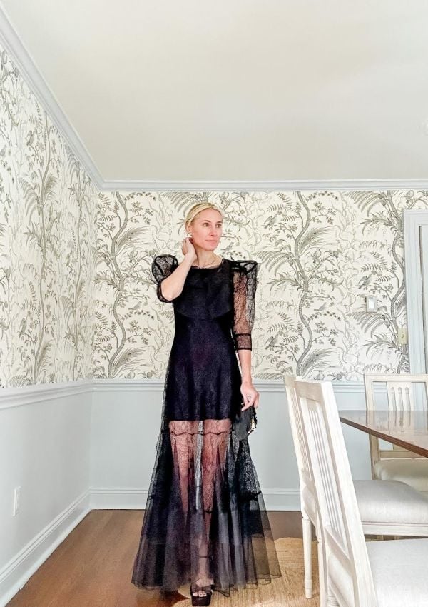 Black Lace A-Line Dress With Puff Sleeves Black Lace A-Line Dress With Puff Sleeves — Black Tie Outfits