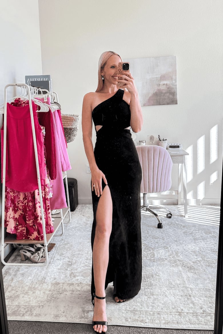 Black One-Shoulder Maxi Dress With Cut-Outs Black One-Shoulder Maxi Dress With Cut-Outs — Black Tie Outfits