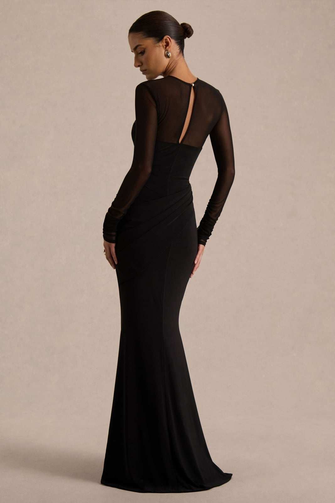 Black Gown With Sheer Mesh Sleeves And Back Black Gown With Sheer Mesh Sleeves And Back — Black Tie Outfits