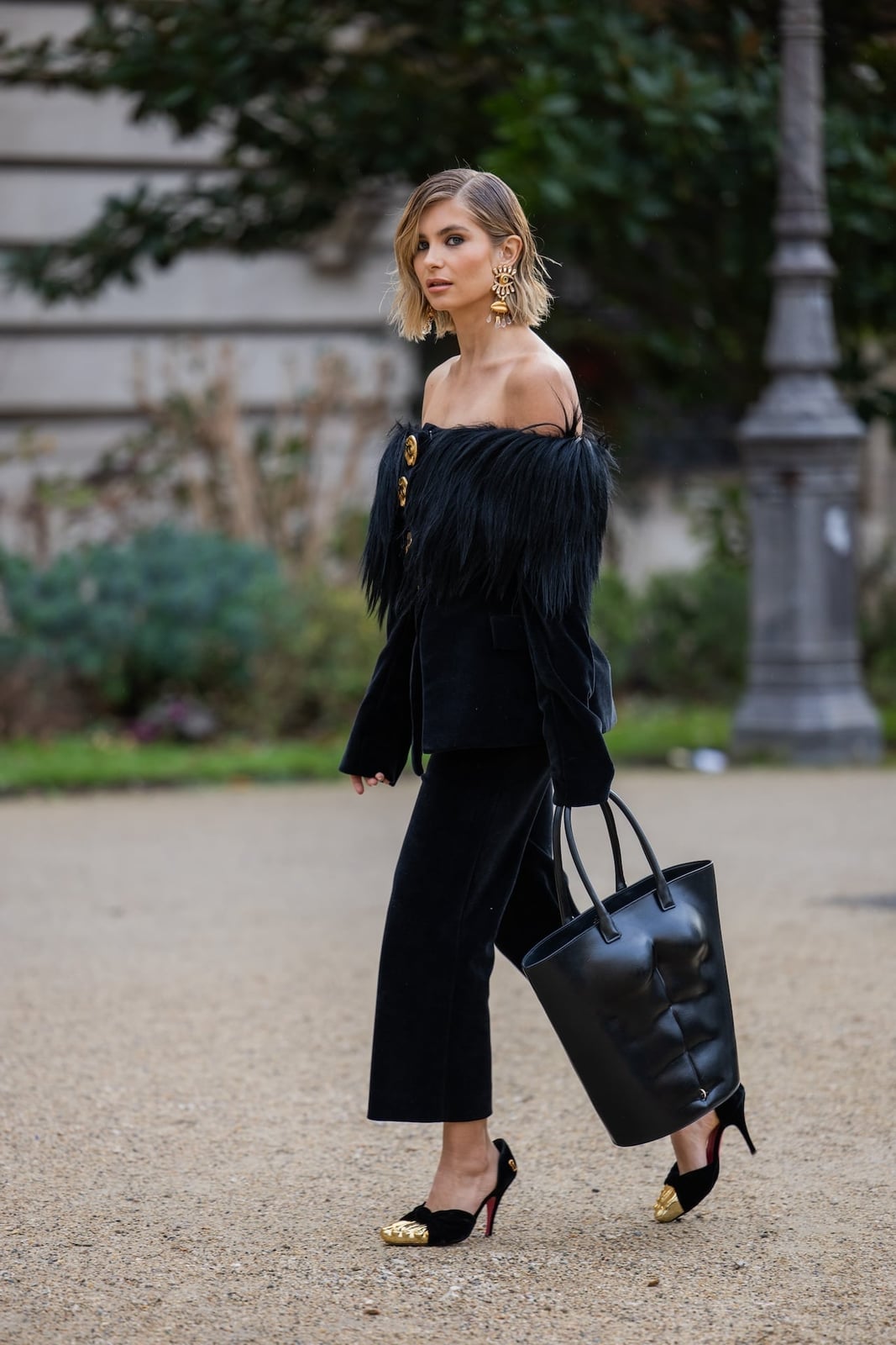 Black Velvet Off-Shoulder Top With Feather Trim Black Velvet Off-Shoulder Top With Feather Trim — Black Top Outfits