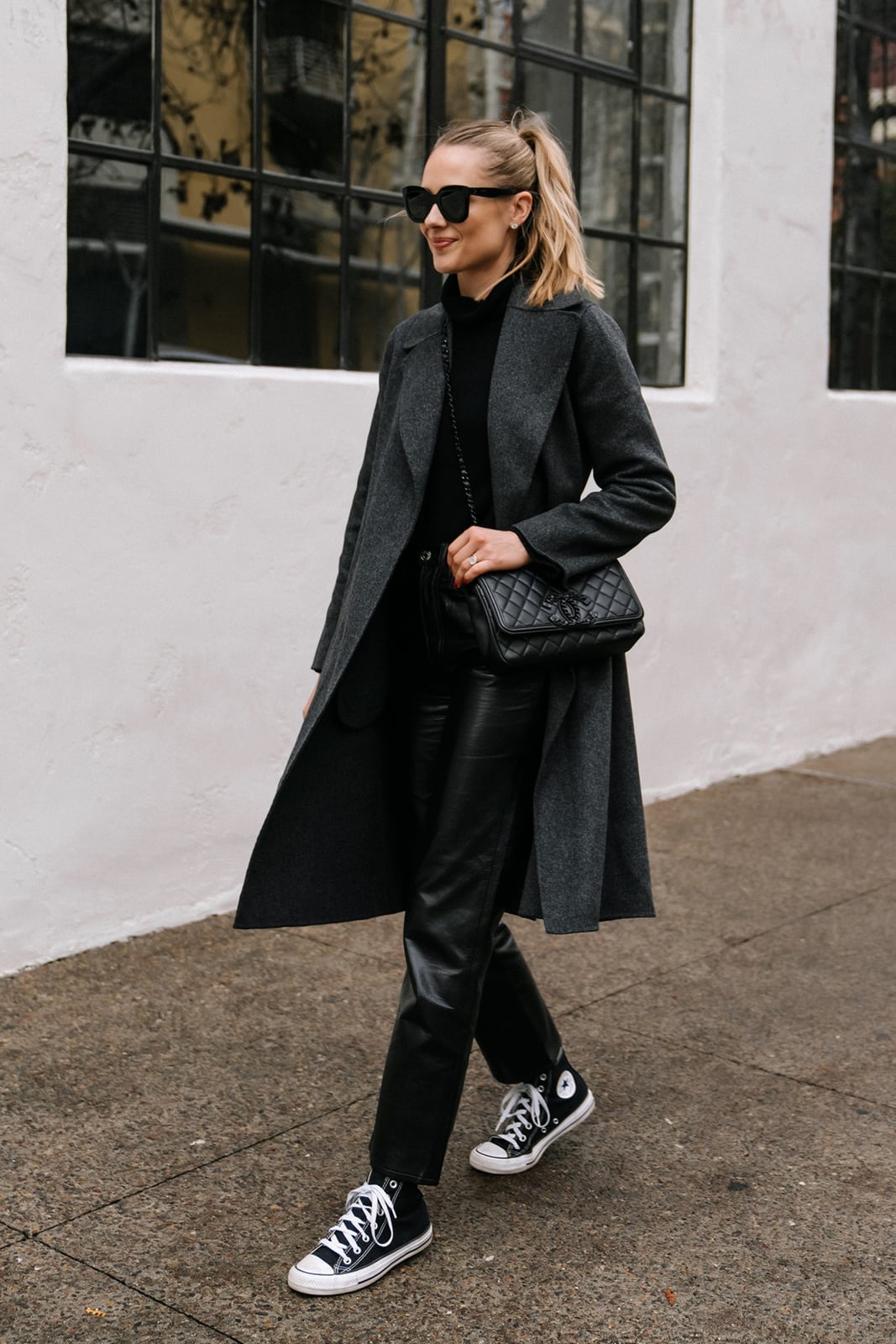 Black Turtleneck Top Under Gray Wool Coat Black Turtleneck Top Under Gray Wool Coat — Black Top Outfits