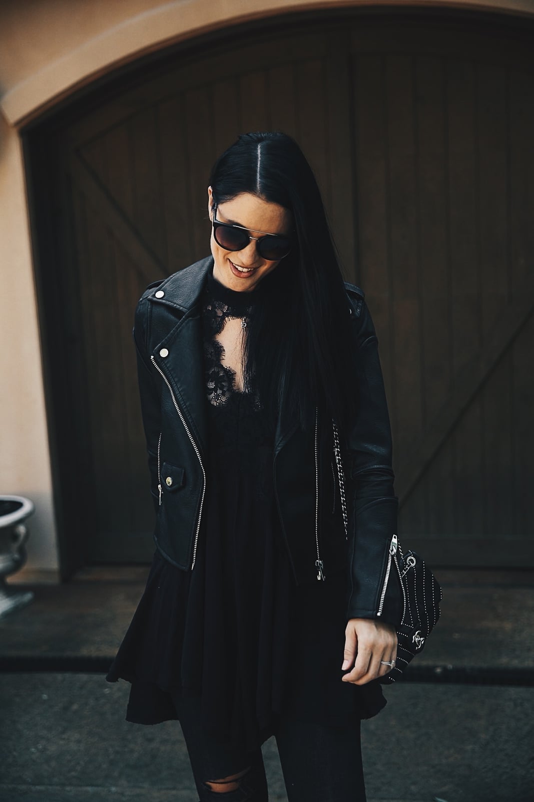 Black Lace Top With Leather Biker Jacket, Sunglasses Black Lace Top With Leather Biker Jacket, Sunglasses — Black Top Outfits