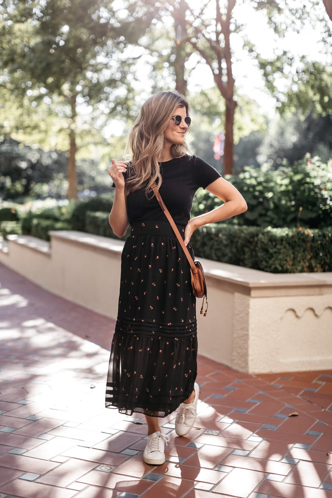 Black T-Shirt With Tiered Floral Skirt Black T-Shirt With Tiered Floral Skirt — Black Top Outfits