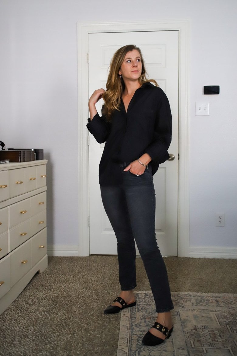 Black Collared Button-Up Shirt With Gray Jeans Black Collared Button-Up Shirt With Gray Jeans — Black Top Outfits