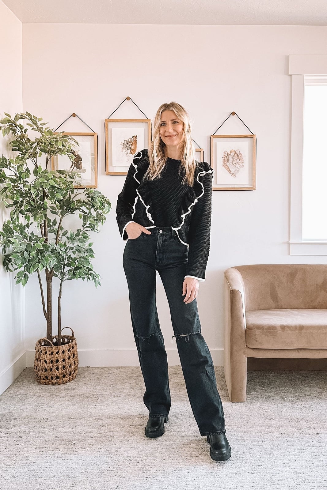 Black Knit Sweater With White Ruffle Trim Black Knit Sweater With White Ruffle Trim — Black Top Outfits