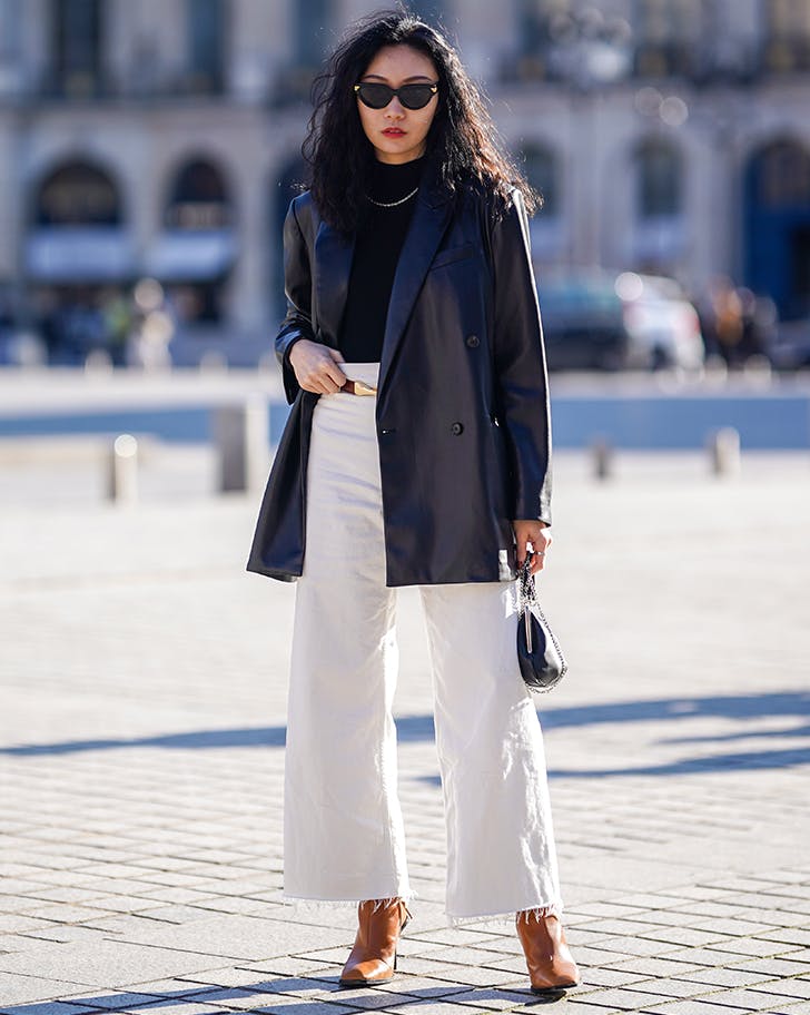 Black Leather Relaxed Blazer With White Pants Black Leather Relaxed Blazer With White Pants — Blazer Outfits