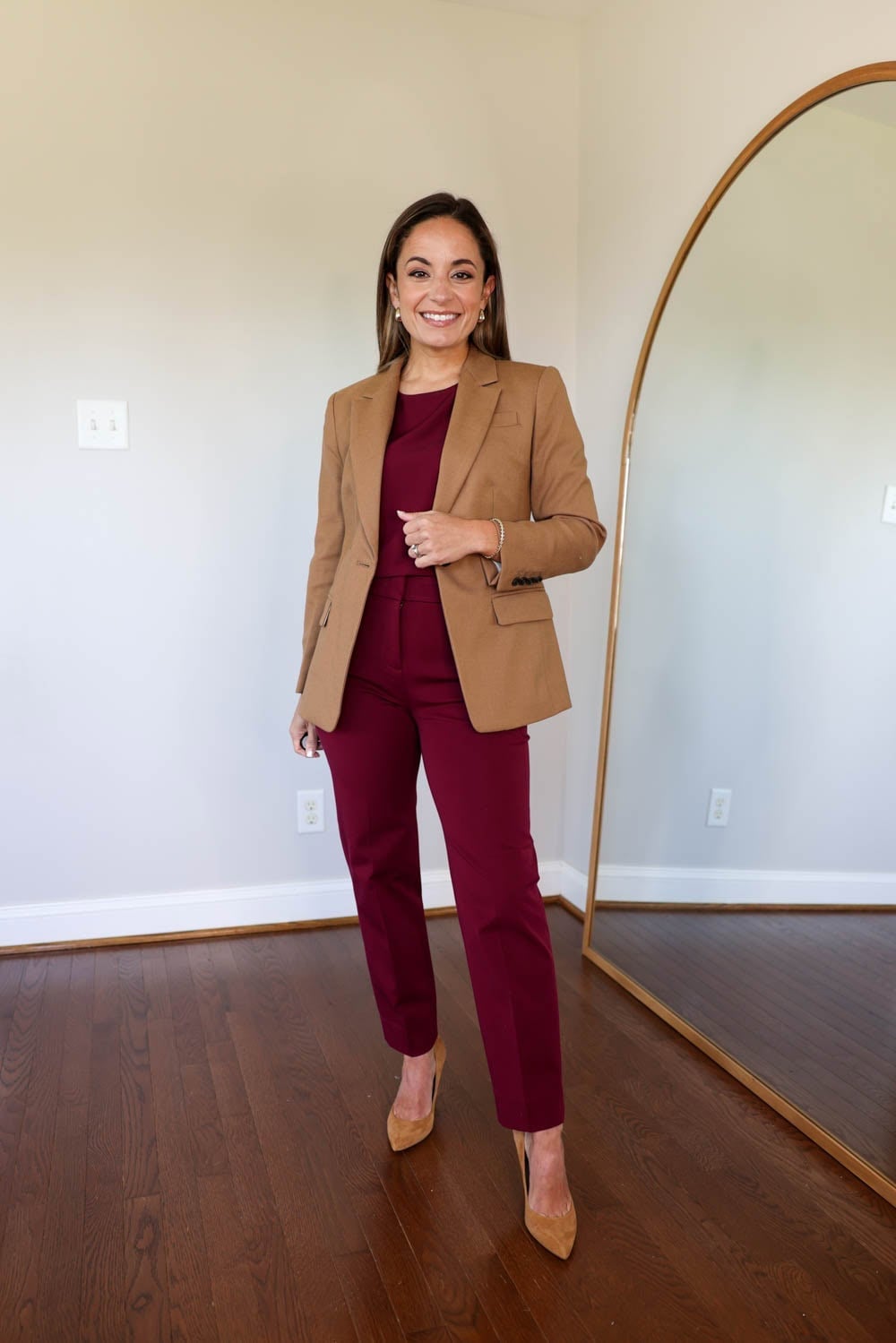 Classic Camel Blazer With Burgundy Trousers Classic Camel Blazer With Burgundy Trousers — Blazer Outfits