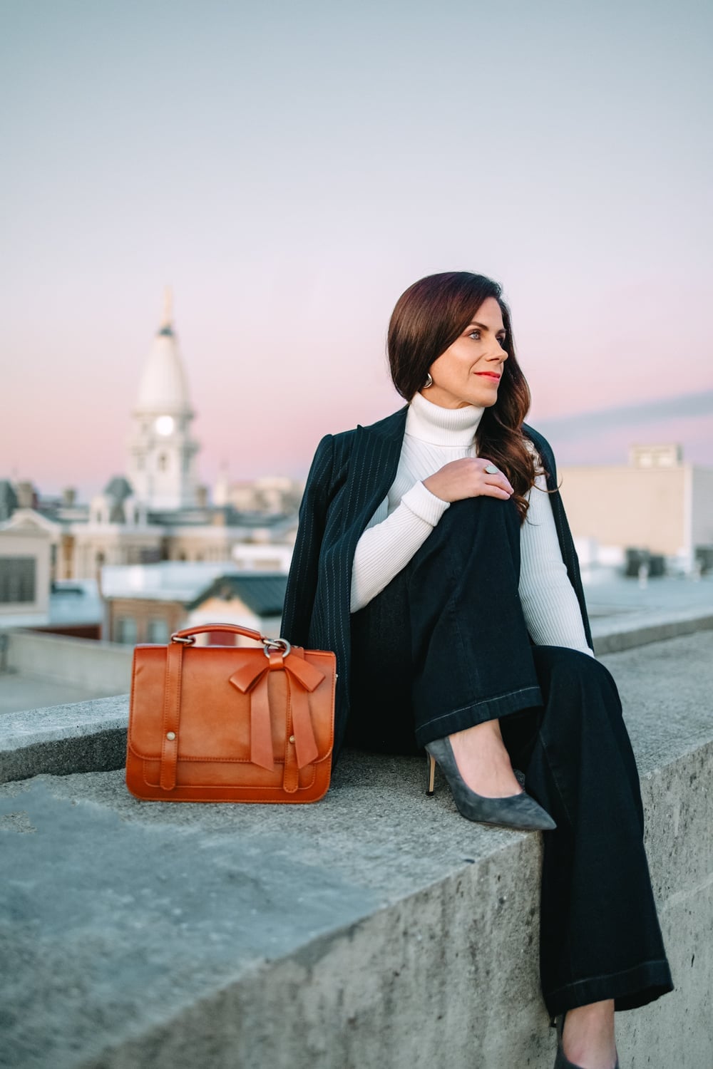Pinstripe Blazer Draped Over White Turtleneck And Trousers Pinstripe Blazer Draped Over White Turtleneck And Trousers — Blazer Outfits