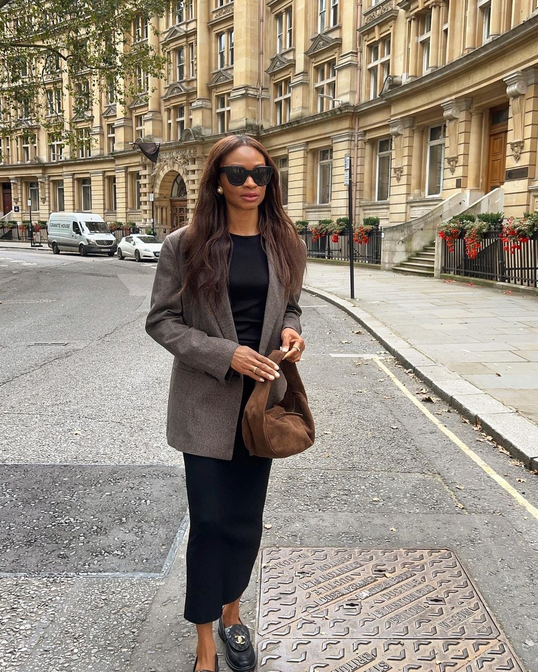 Brown Textured Oversized Blazer With Black Midi Dress Brown Textured Oversized Blazer With Black Midi Dress — Blazer Outfits