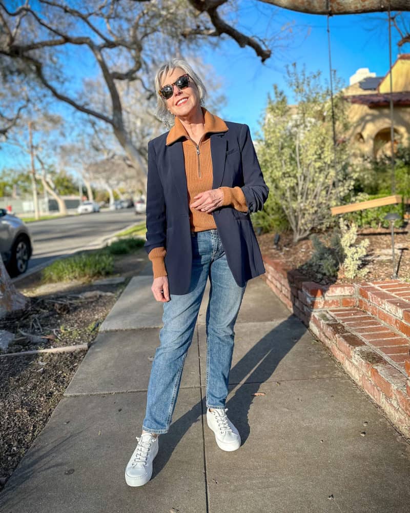 Navy Blazer With Tan Shirt And Straight Leg Jeans Navy Blazer With Tan Shirt And Straight Leg Jeans — Blazer Outfits