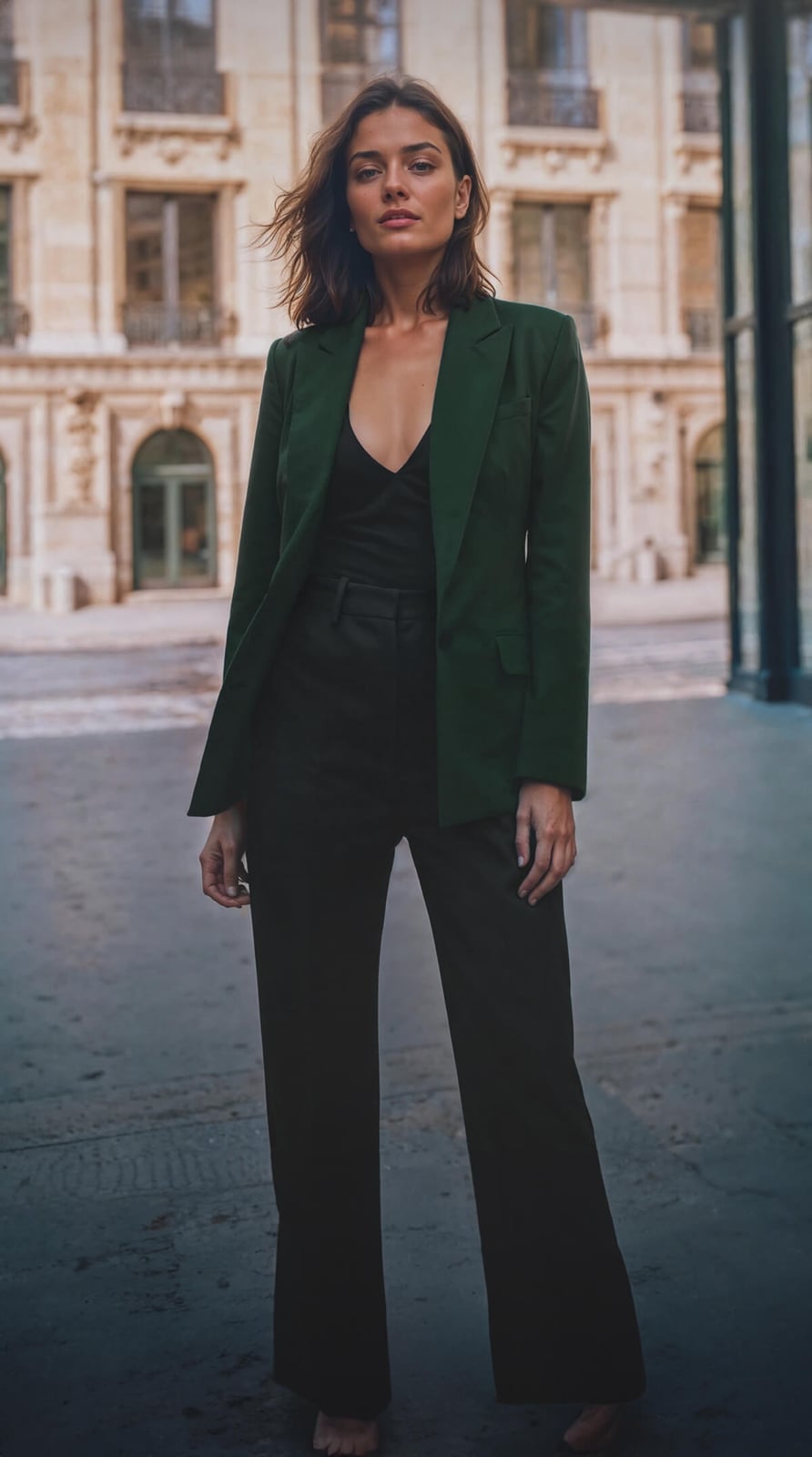 Deep Green Blazer With Black Camisole And Trousers Deep Green Blazer With Black Camisole And Trousers — Blazer Outfits