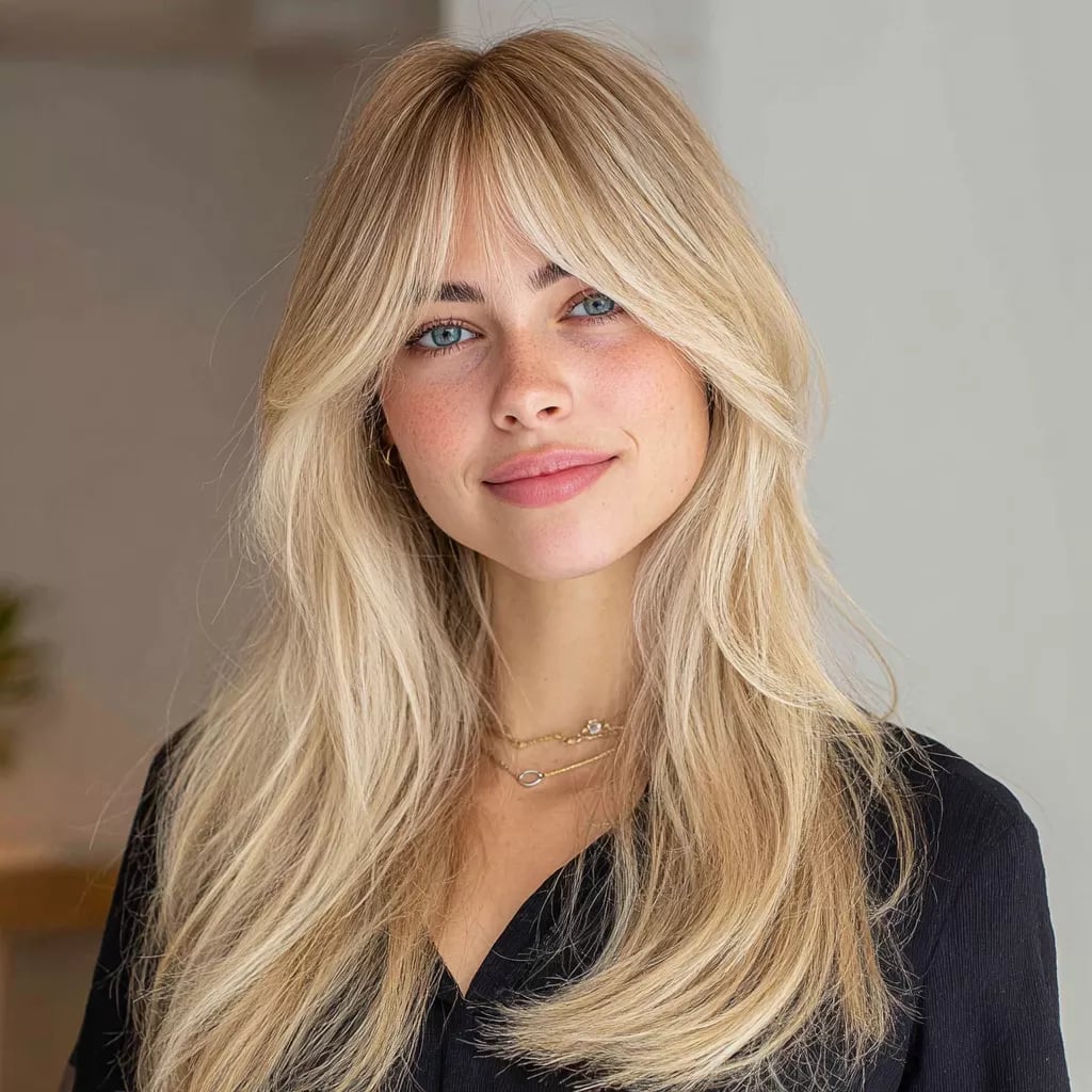 Platinum Blonde Mid-Back Lob With Curtain Bangs Platinum Blonde Mid-Back Lob With Curtain Bangs — Blonde Bangs