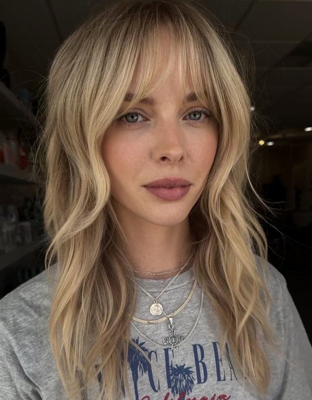 Collarbone Honey Blonde Shag With Full Fringe Collarbone Honey Blonde Shag With Full Fringe — Blonde Bangs