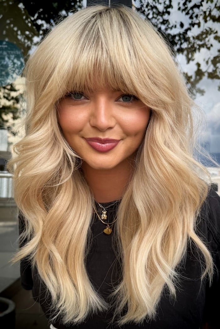 Platinum Blonde Mid-Back With Highlights And Long Layers Platinum Blonde Mid-Back With Highlights And Long Layers — Blonde Bangs