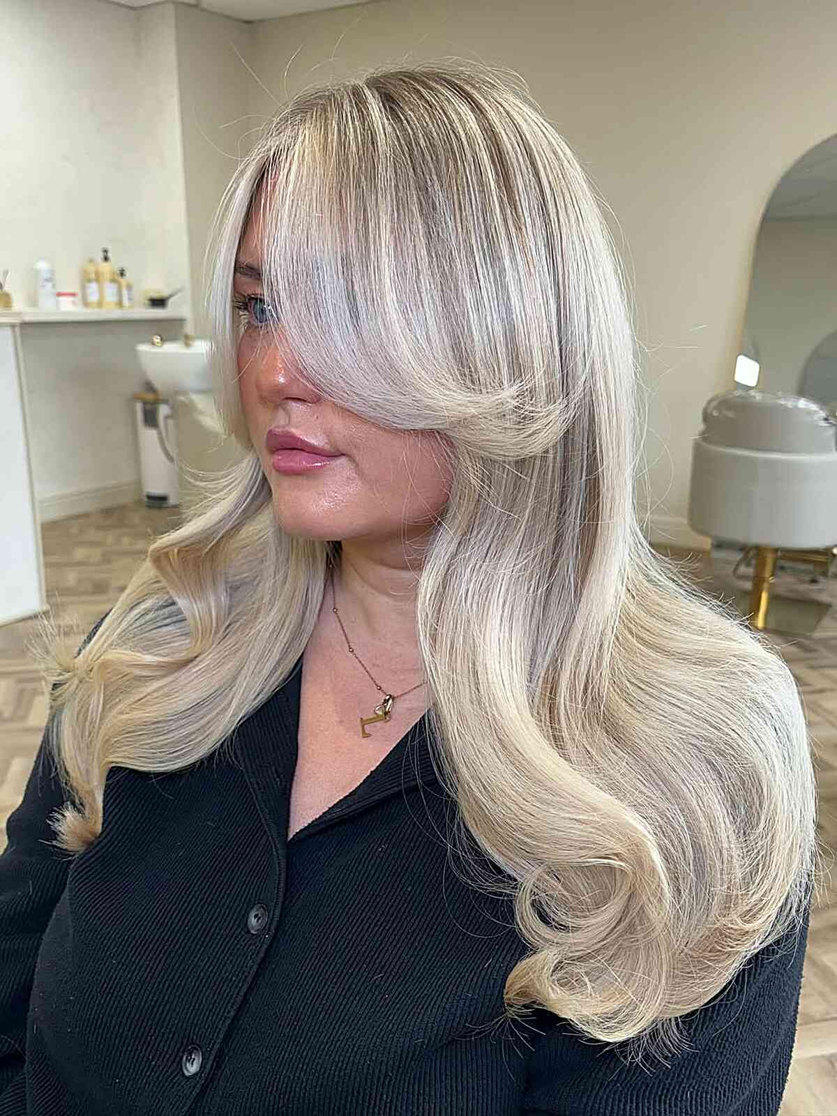Mid-Back Platinum Blonde With Root Shadow And Loose Curls Mid-Back Platinum Blonde With Root Shadow And Loose Curls — Blonde Bangs