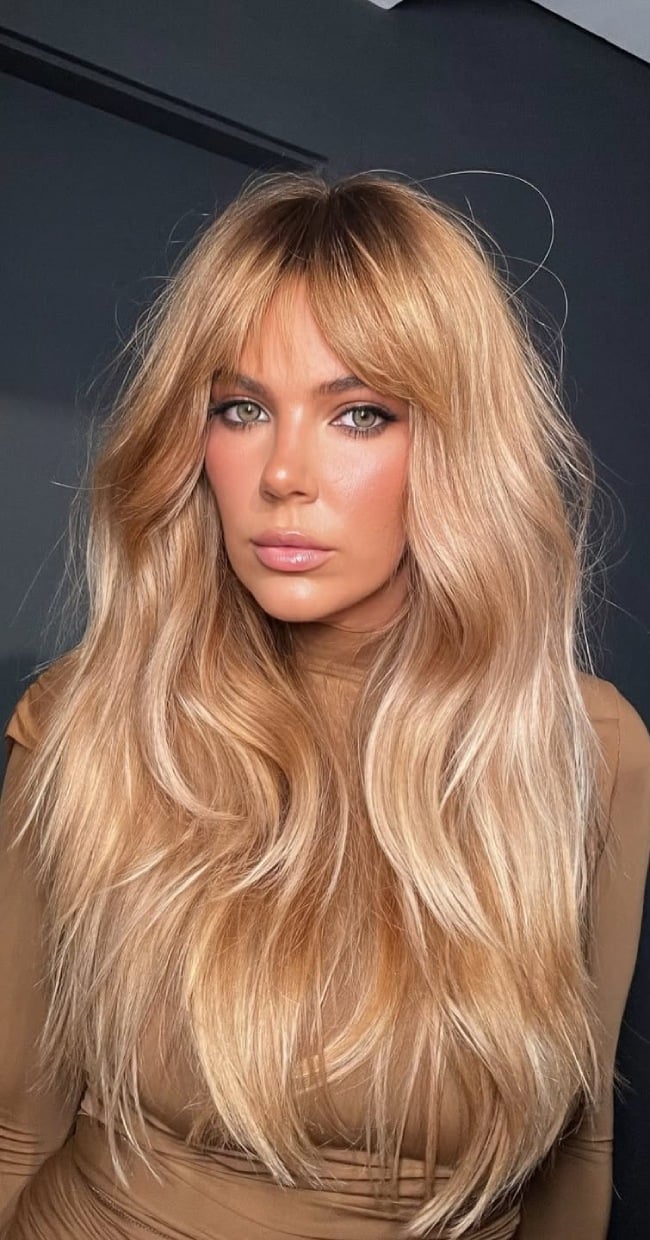 Long Champagne Blonde With Root Melt And Curtain Bangs Long Champagne Blonde With Root Melt And Curtain Bangs — Blonde Bangs