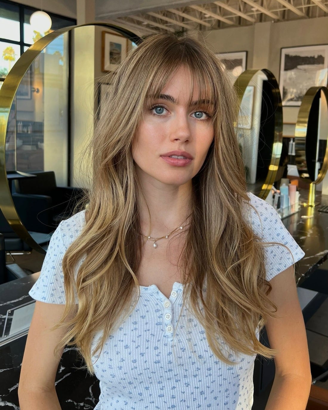 Mid-Back Creamy Vanilla Blonde With Full Fringe Mid-Back Creamy Vanilla Blonde With Full Fringe — Blonde Bangs