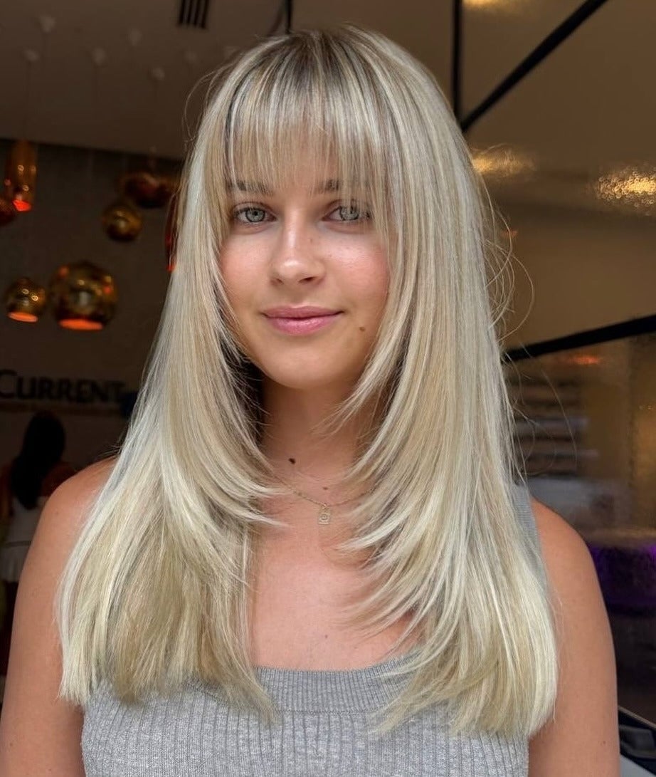 Mid-Back Beige Blonde With Balayage And Wispy Bangs Mid-Back Beige Blonde With Balayage And Wispy Bangs — Blonde Bangs