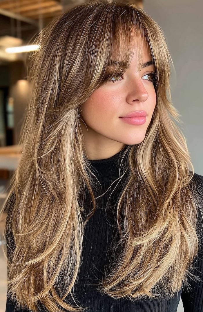 Mid-Back Toasted Beige Blonde With Feathered Bangs Mid-Back Toasted Beige Blonde With Feathered Bangs — Blonde Bangs