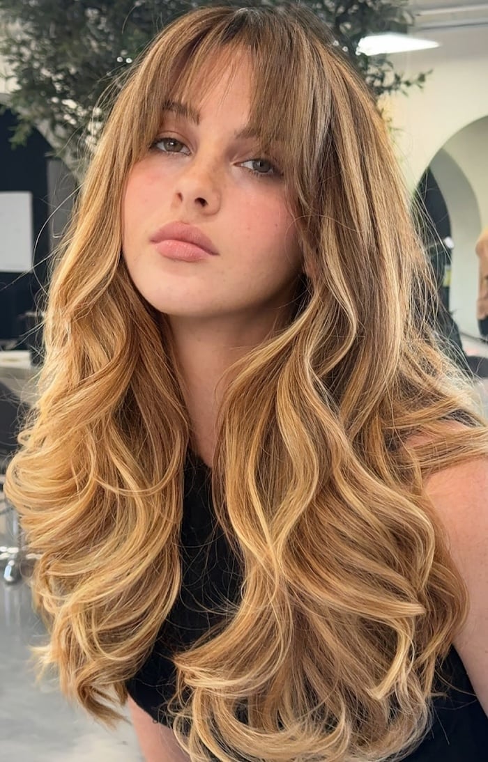 Honey Butter Blonde Mid-Back With Curtain Bangs Honey Butter Blonde Mid-Back With Curtain Bangs — Blonde Bangs