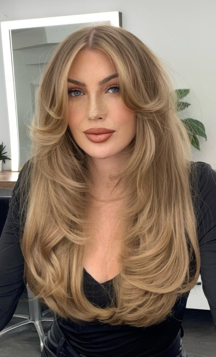 Honey Beige Blonde Mid-Back Waves With Curtain Bangs Honey Beige Blonde Mid-Back Waves With Curtain Bangs — Blonde Bangs