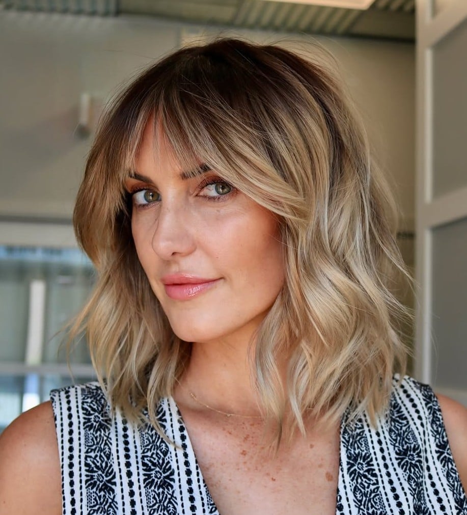 Dark Blonde Collarbone Lob With Face-Framing Layers Dark Blonde Collarbone Lob With Face-Framing Layers — Blonde Bangs