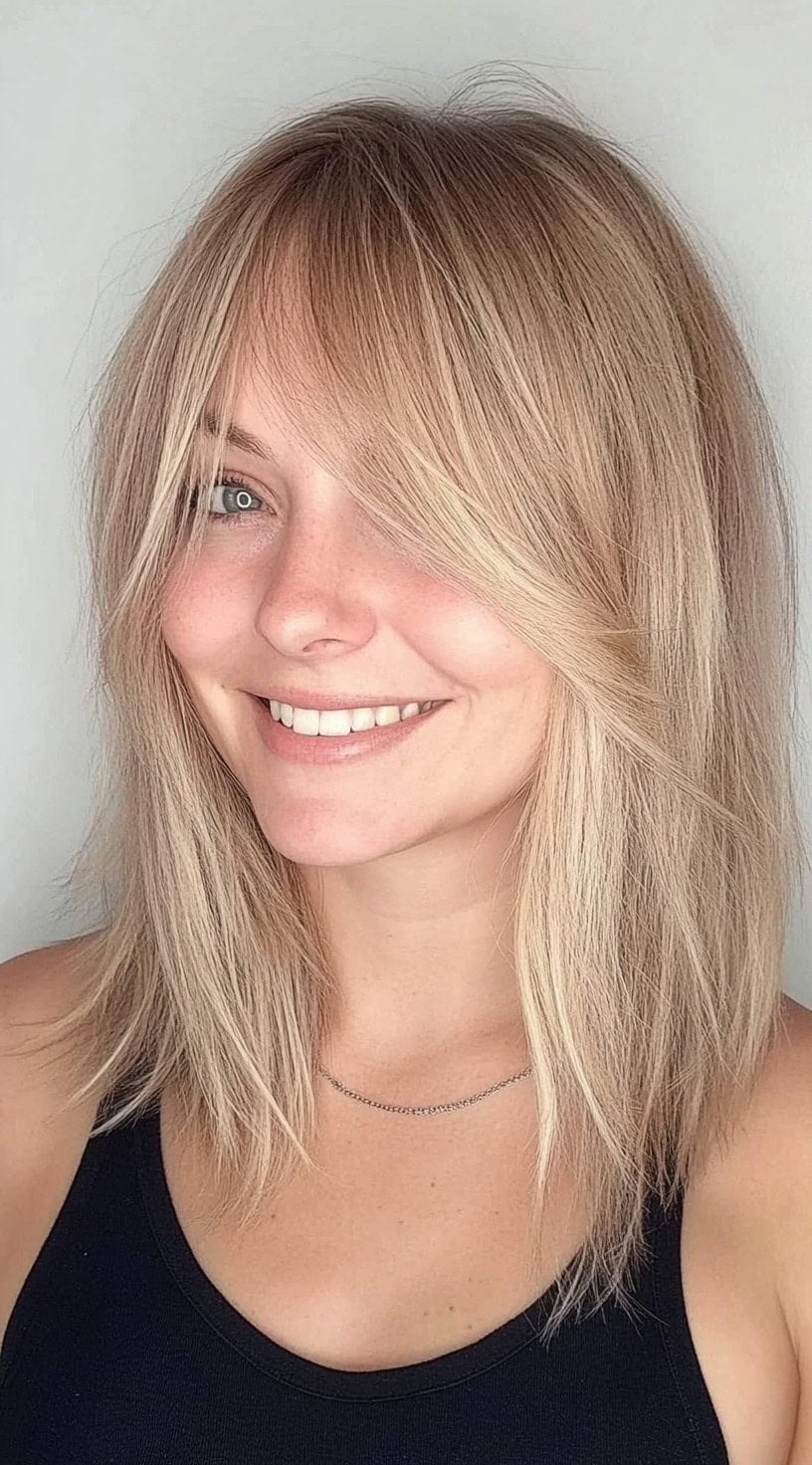 Ash Blonde Lob With Wispy Bangs And Waves Ash Blonde Lob With Wispy Bangs And Waves