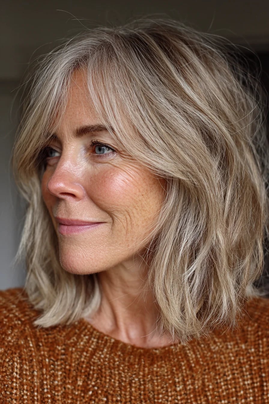 Ash Blonde Lob With Natural Gray Blending Ash Blonde Lob With Natural Gray Blending