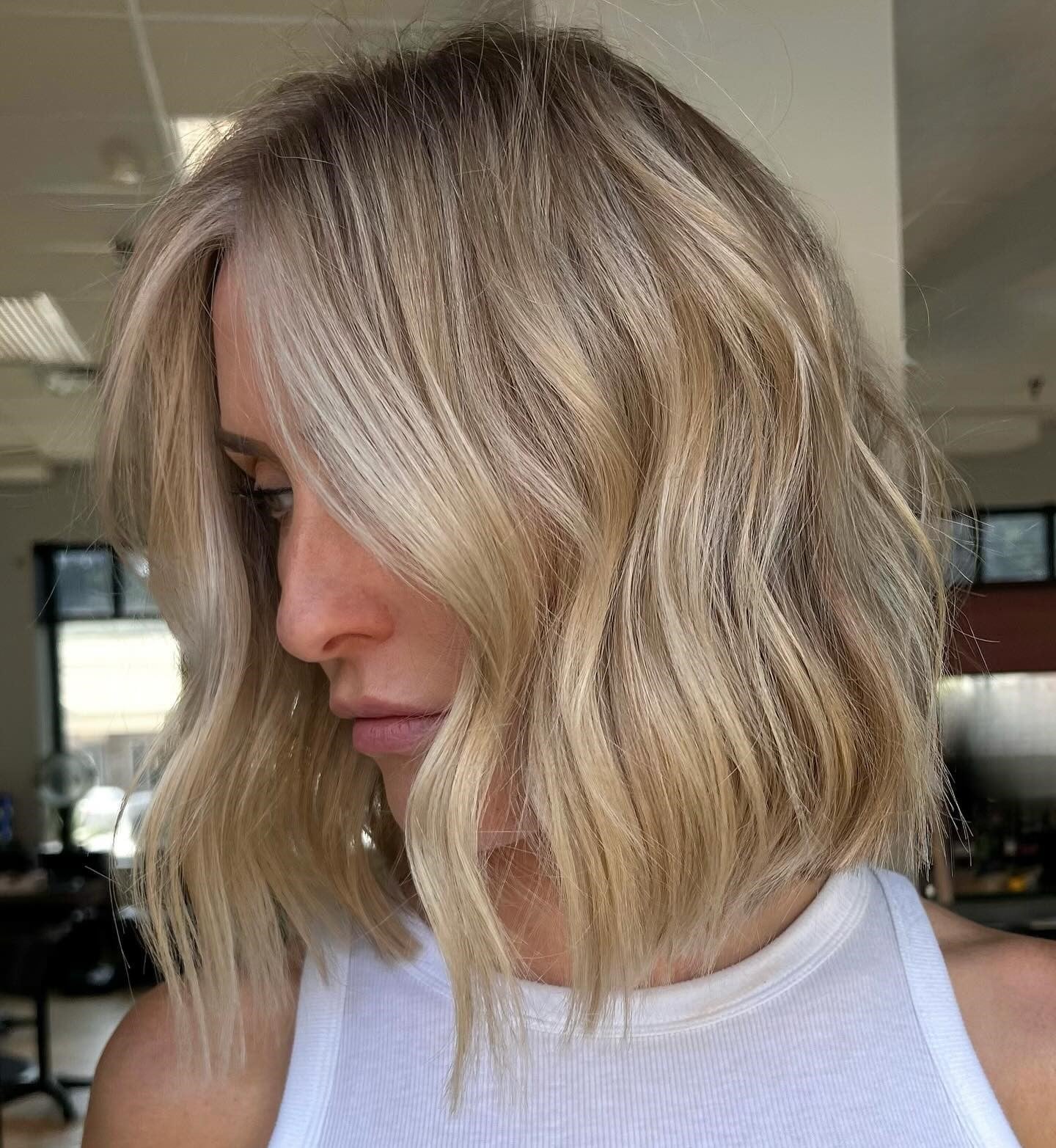 Golden Blonde Lob With Balayage Golden Blonde Lob With Balayage