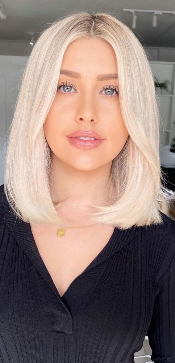Creamy Platinum Blonde Lob With Curtain Bangs Creamy Platinum Blonde Lob With Curtain Bangs