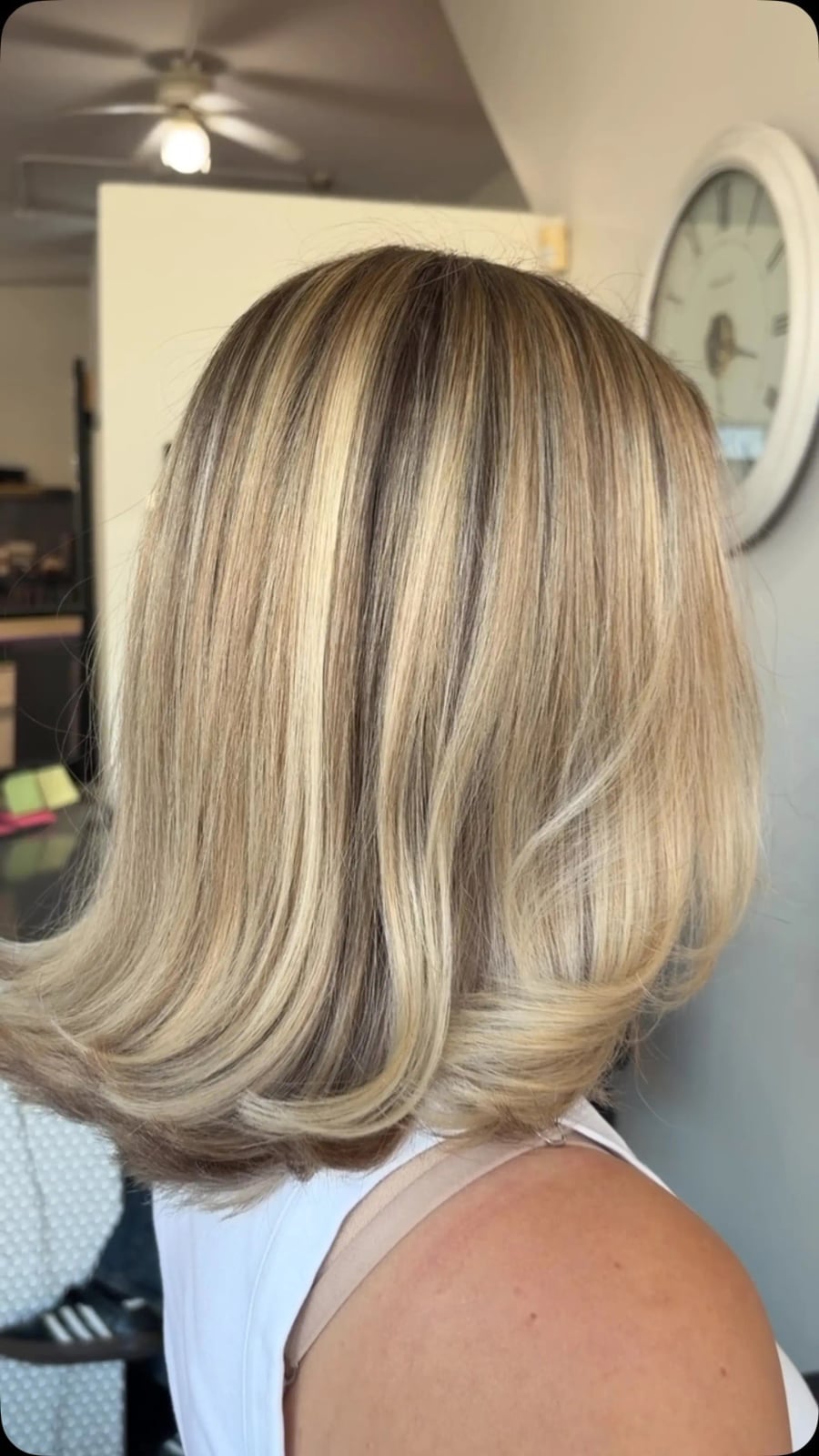 Sandy Beige Blonde Lob With Champagne Highlights, Flipped Ends Sandy Beige Blonde Lob With Champagne Highlights, Flipped Ends