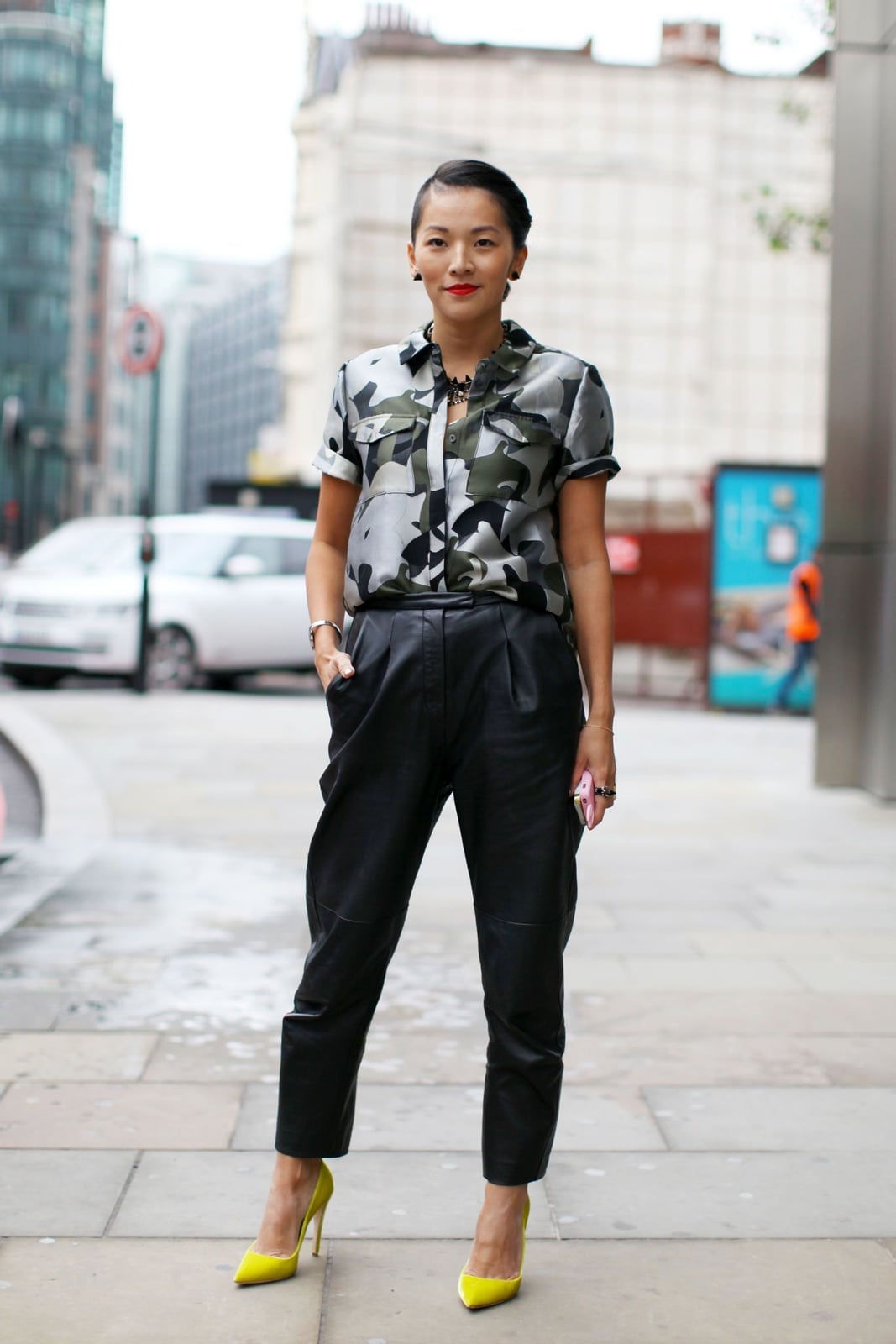 Camouflage Print Blouse With Black Leather Trousers Camouflage Print Blouse With Black Leather Trousers — Blouse Outfits