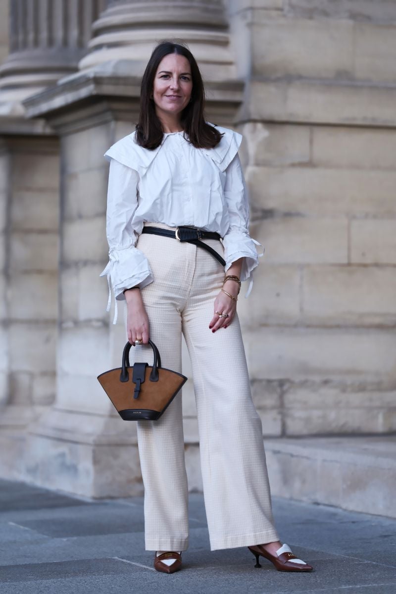 White Blouse With Statement Collar And Cream Trousers White Blouse With Statement Collar And Cream Trousers — Blouse Outfits
