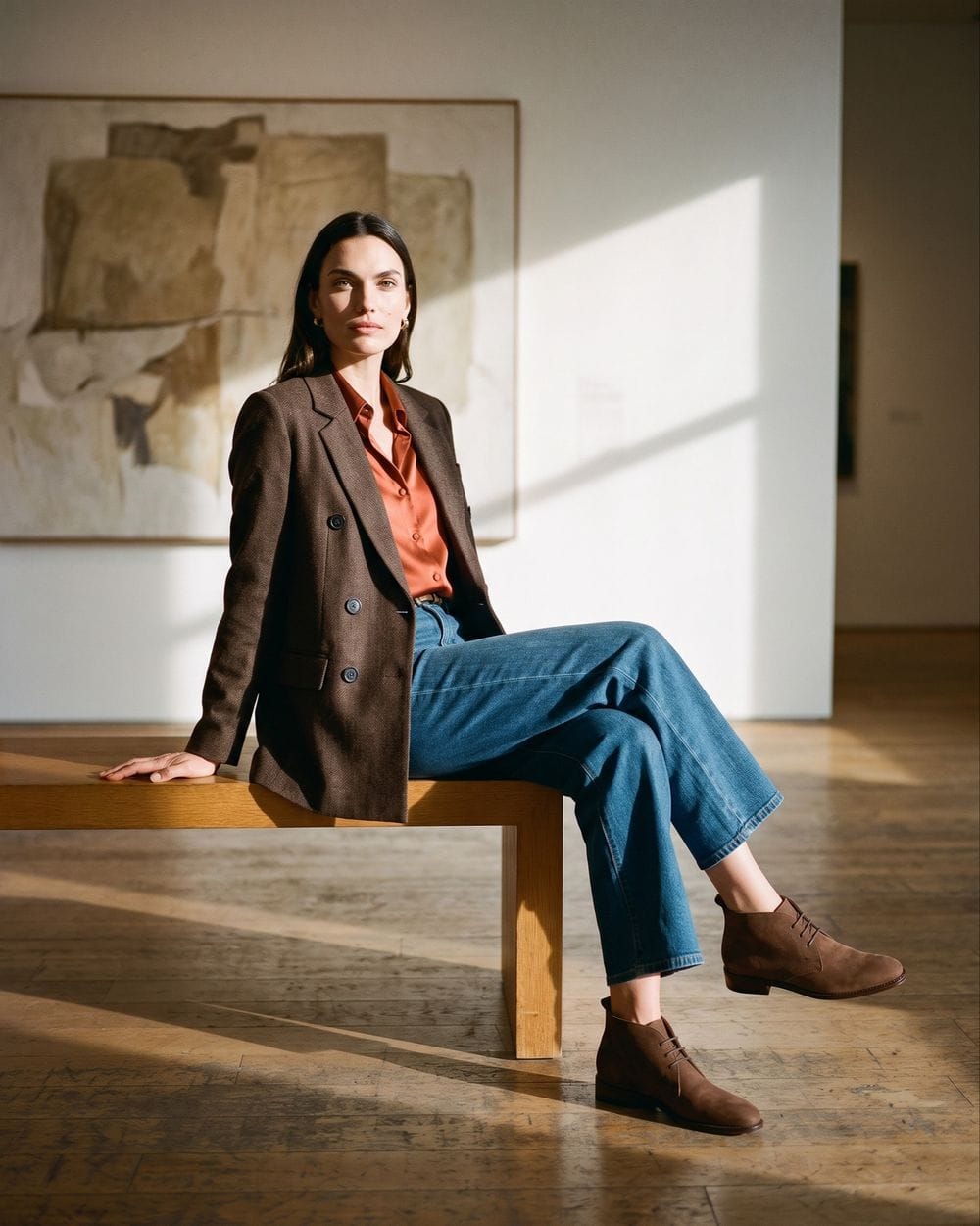 Rust Satin Blouse Under Brown Blazer With Denim Rust Satin Blouse Under Brown Blazer With Denim — Blouse Outfits