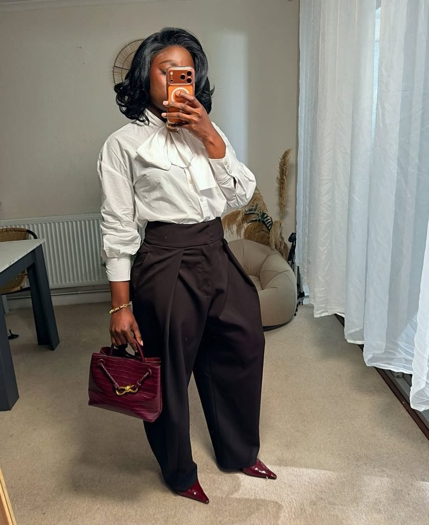 White Bow Blouse With Dark Brown Wide-Leg Trousers White Bow Blouse With Dark Brown Wide-Leg Trousers — Blouse Outfits