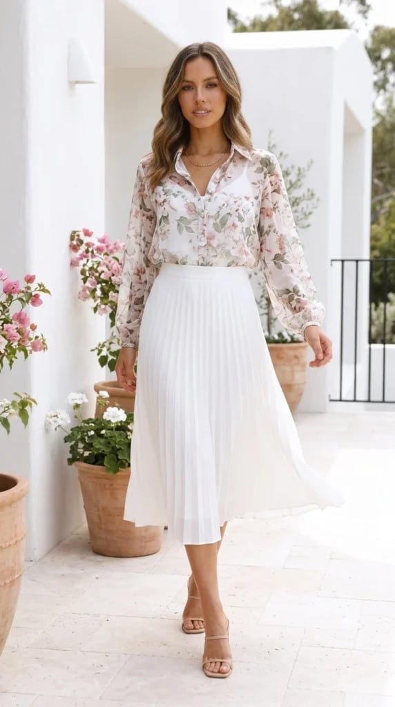 Floral Print Button-Down Blouse With Pleated Midi Skirt Floral Print Button-Down Blouse With Pleated Midi Skirt — Blouse Outfits