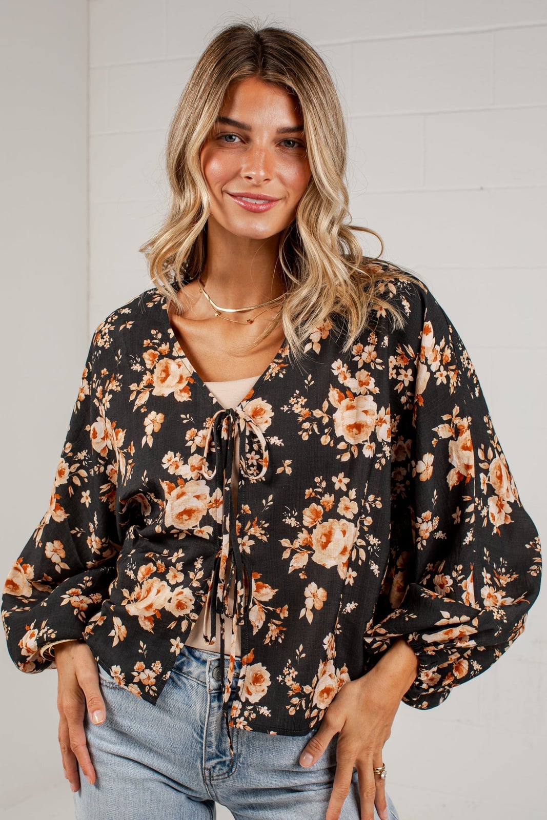 Black Floral Print Blouse With Tie-Front Detail Black Floral Print Blouse With Tie-Front Detail — Blouse Outfits