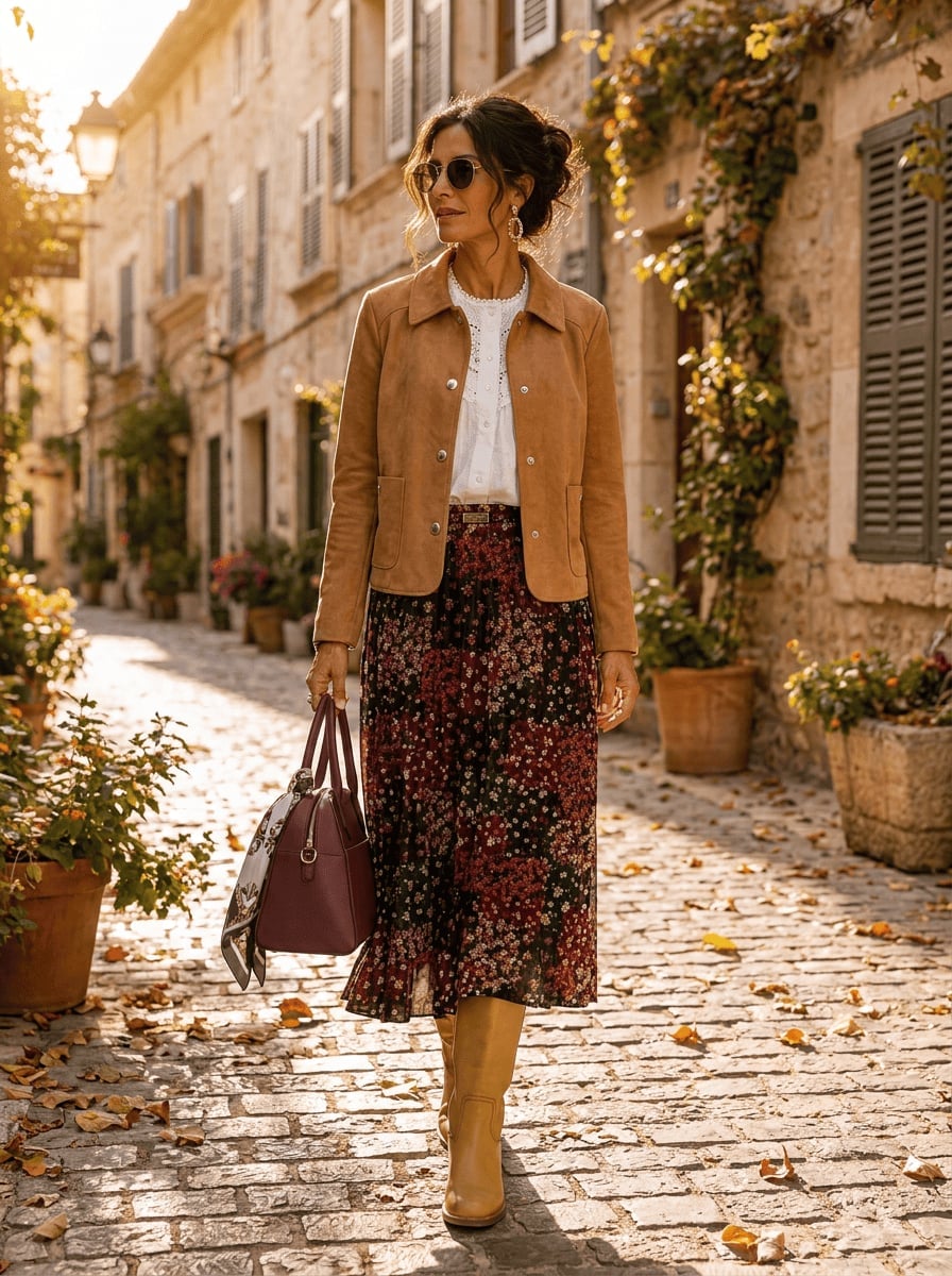 White Blouse Layered Under Suede Jacket With Floral Skirt White Blouse Layered Under Suede Jacket With Floral Skirt — Blouse Outfits