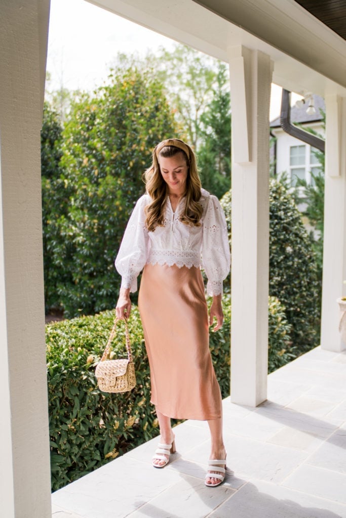 White Eyelet Blouse With Peach Midi Skirt White Eyelet Blouse With Peach Midi Skirt — Blouse Outfits
