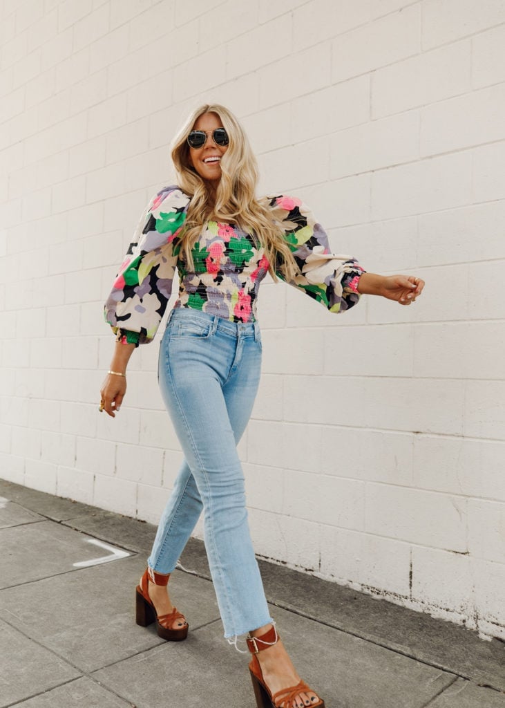 Floral Smocked Blouse With Straight-Leg Jeans Floral Smocked Blouse With Straight-Leg Jeans — Blouse Outfits