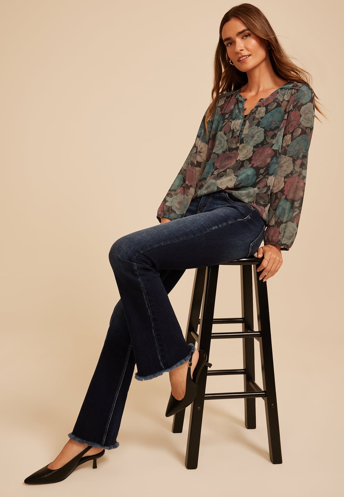 Sheer Floral Blouse With Dark Wash Flared Jeans Sheer Floral Blouse With Dark Wash Flared Jeans — Blouse Outfits
