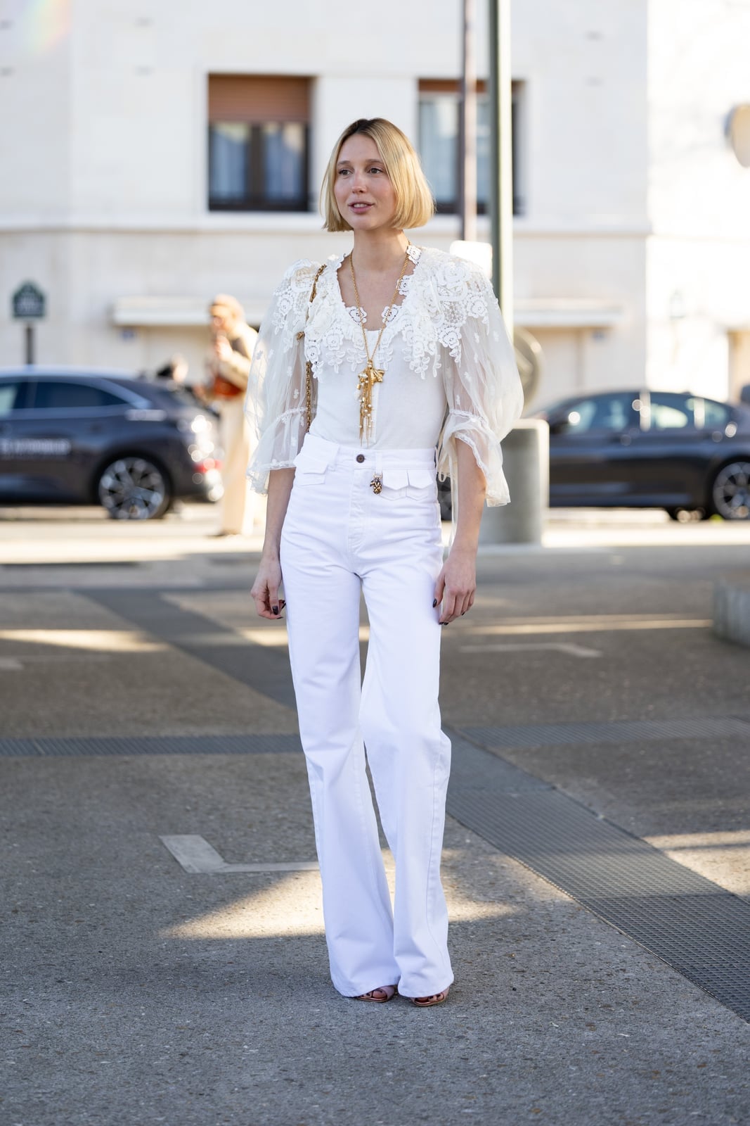White Lace Blouse With Sheer Puff Sleeves And White Trousers White Lace Blouse With Sheer Puff Sleeves And White Trousers — Blouse Outfits
