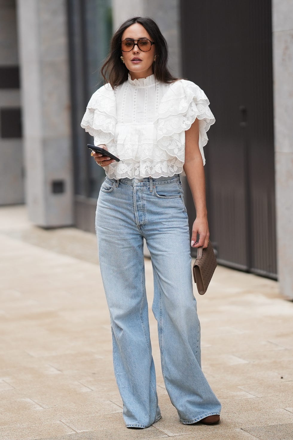 High-Neck Ruffled Lace Blouse With Wide-Leg Jeans High-Neck Ruffled Lace Blouse With Wide-Leg Jeans — Blouse Outfits