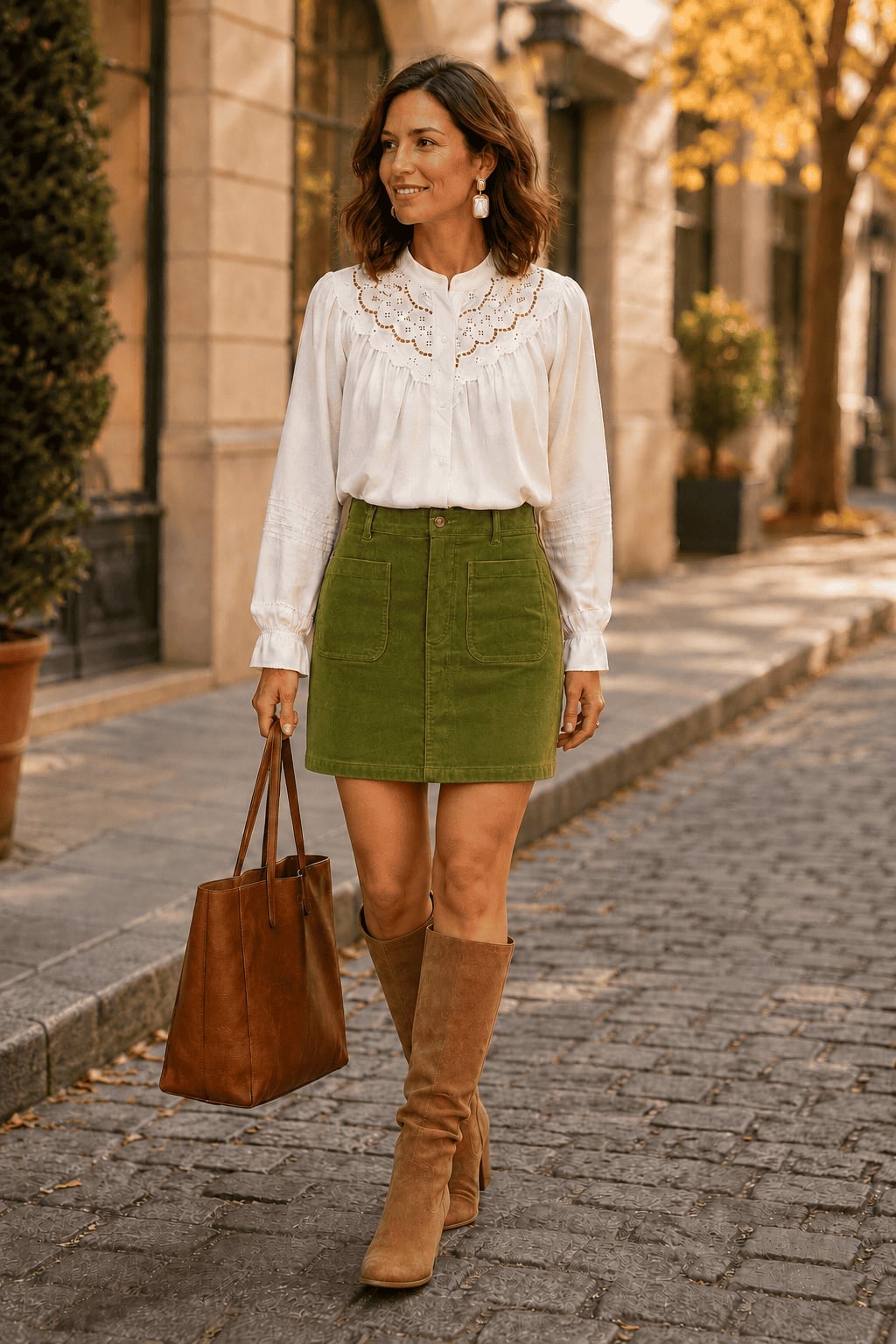 White Embroidered Blouse With Olive Corduroy Mini Skirt White Embroidered Blouse With Olive Corduroy Mini Skirt — Blouse Outfits