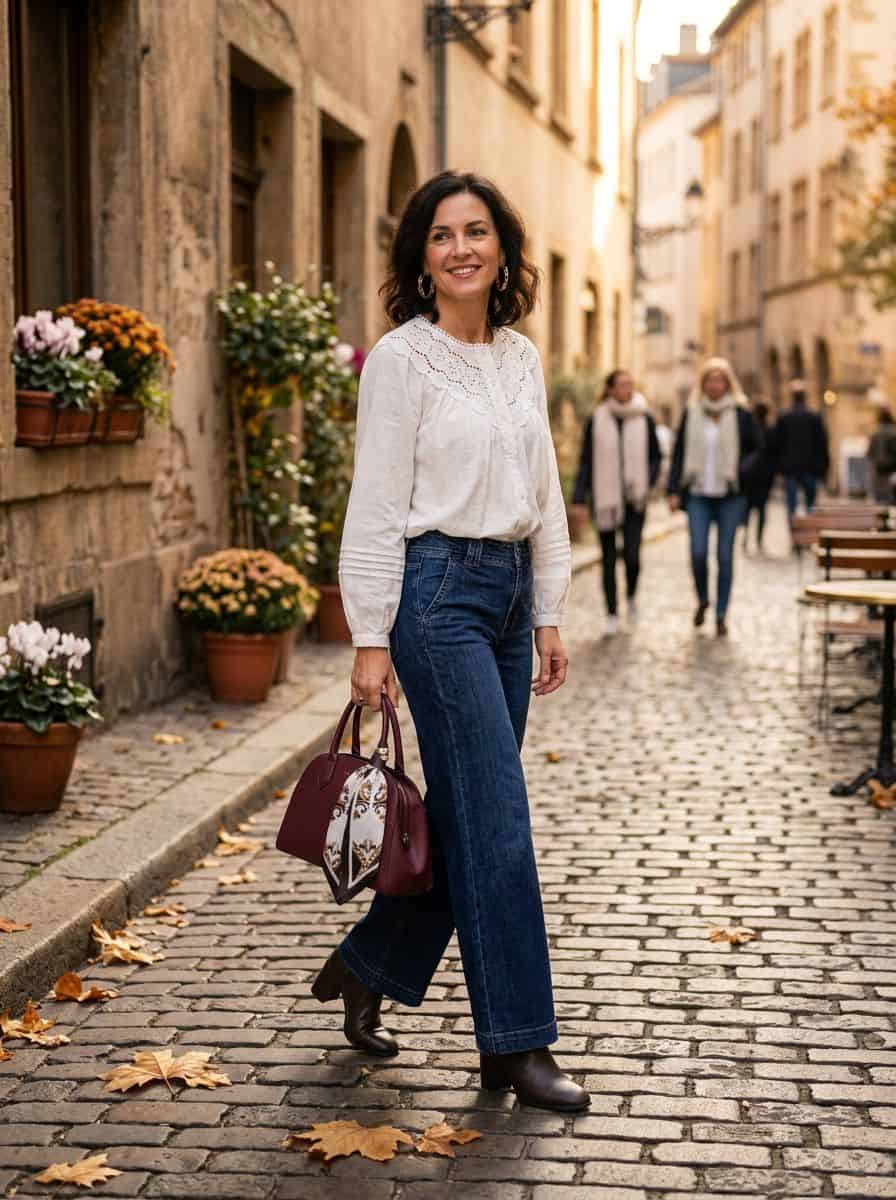 White Lace-Trimmed Blouse With Dark Wash Wide-Leg Jeans White Lace-Trimmed Blouse With Dark Wash Wide-Leg Jeans — Blouse Outfits