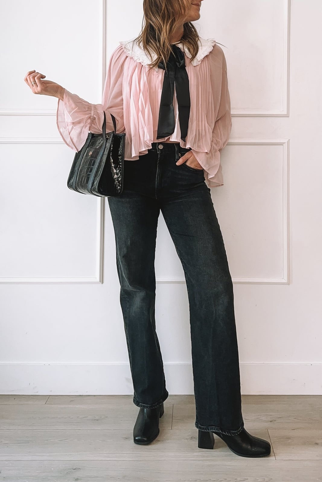 Pink Sheer Blouse With Ruffled Collar And Neck Bow Pink Sheer Blouse With Ruffled Collar And Neck Bow — Blouse Outfits