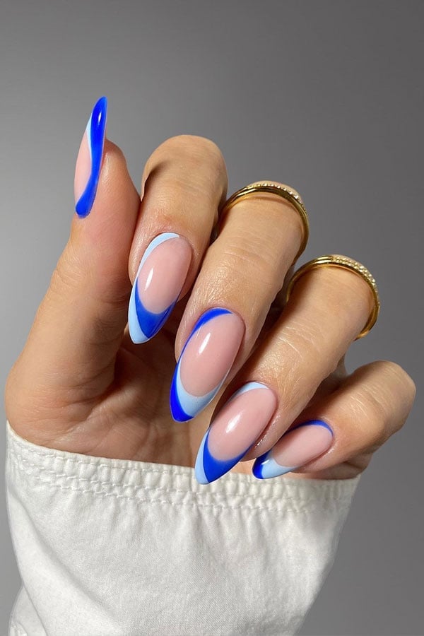 Double Line Blue French Tip Almond Nails Double Line Blue French Tip Almond Nails — Blue Almond Nails